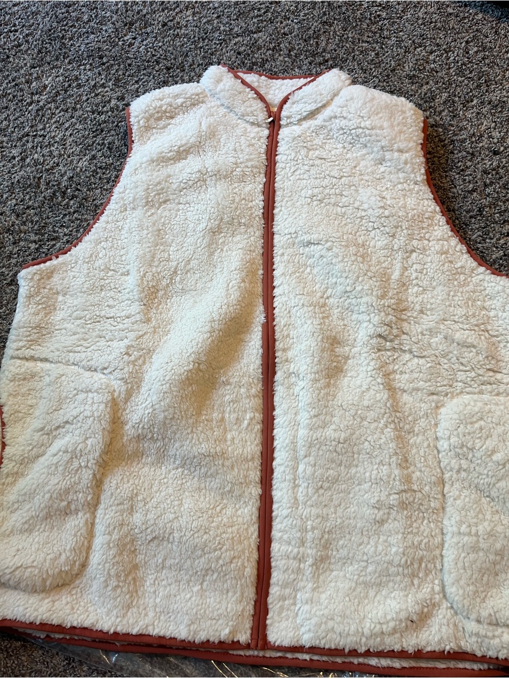 Cuddl Duds Cream Sherpa Vest with Rust Trim